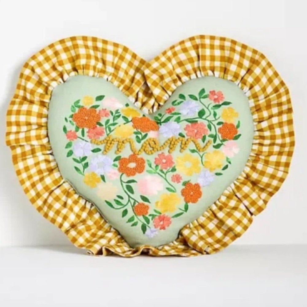 Anthropologie Heart Mom Cotton Embroidered Floral Pillow ruffle Accents gingham